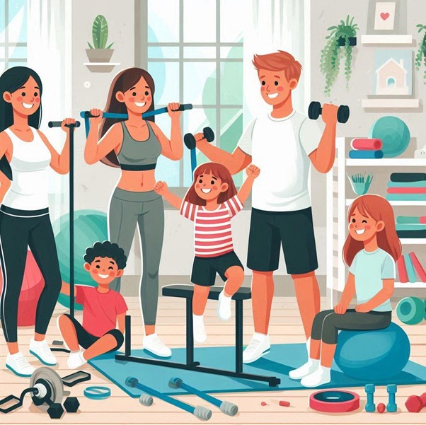 Family of all ages working out at home.