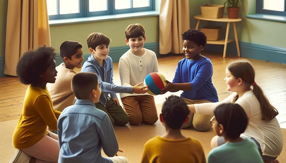 Kids kneeling in a circle playing a game with a ball.