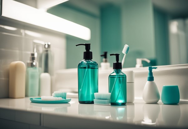 Bathroom countertop with personal care products.