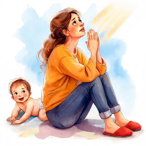 Comedic illustation of mother looking and up praying with baby crawling in the background.