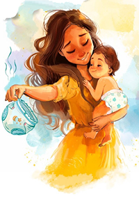 Illustration of mom holding baby in one arm while holding diaper in her other hand.