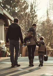 Mom and Dad walking in autumn with their kids.