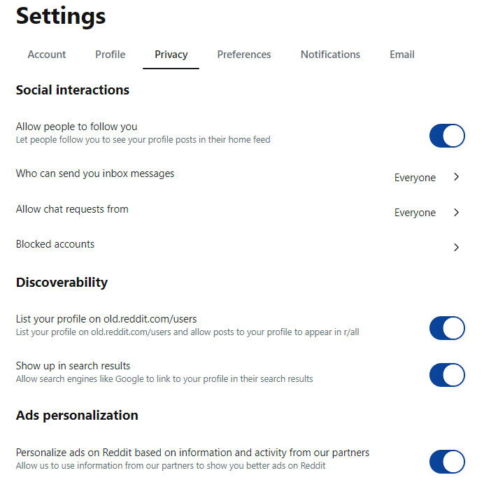 Reddit Privacy Settings