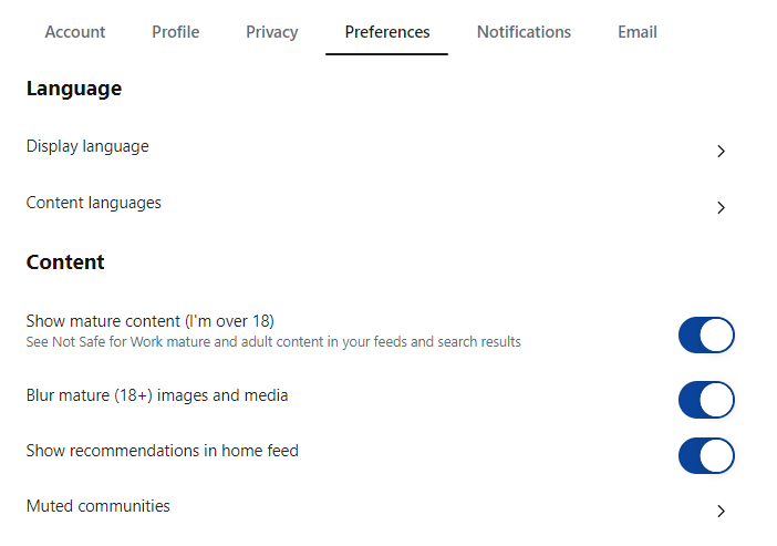 Screenshot of Reddit settings for preferences 