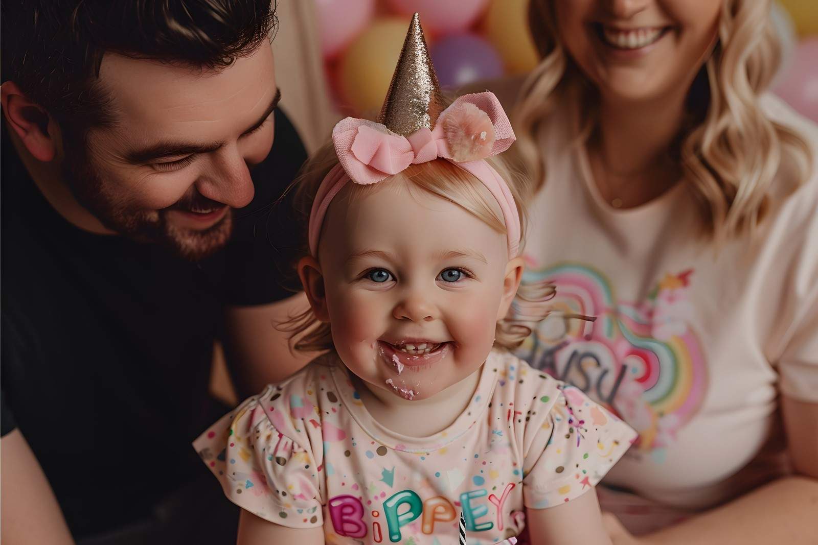 Parents around her little girl who has birthday hat on cake on her face.