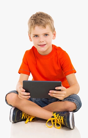 Boy in running shows smiling and holding tablet