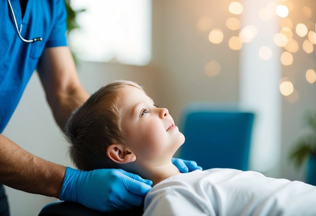 Chiropractor working on boy's neck. 