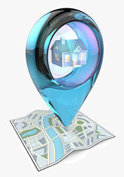 A GPS symbol pops out of map showing the location of a house.