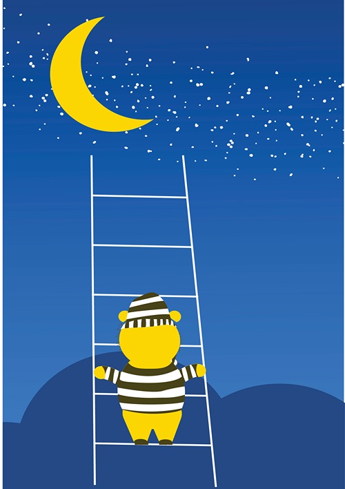 A drawing of a bear climbing ladder to the moon at night to find sleep.