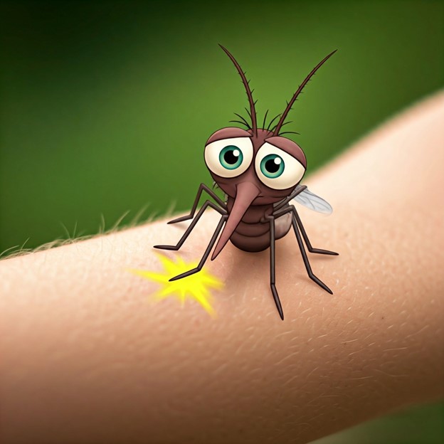 Mosquito sitting on arm looking up.