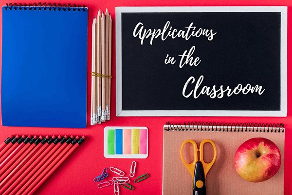 School supplies surrounding a black board with the words "Applications in the Classroom". 