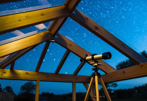 Telescope pointing to the stars through an open roof