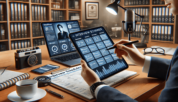 An illustration a man at his desk in a vintage style office, but with high tech tablet.