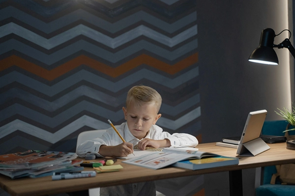 Screenshot of photo program with split screen of boy working at a table.