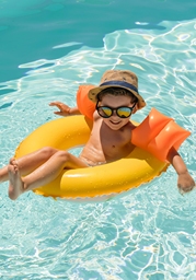 Smiling little boy sitting in floatie in a pool.