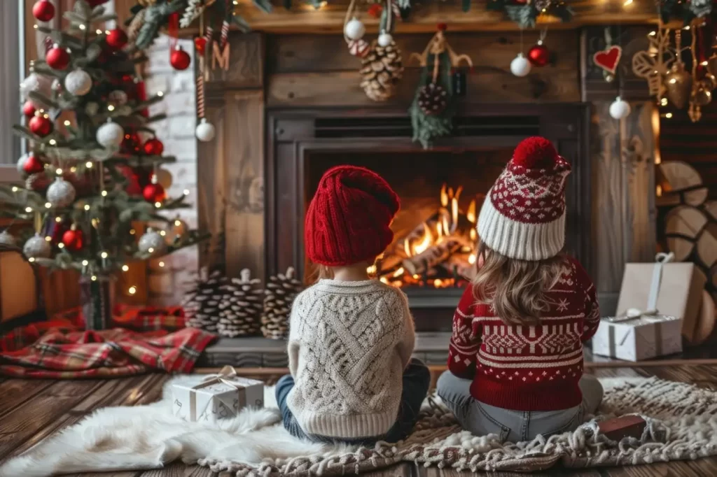 Christmas tree and fireplace wonderfully decorated as kids watch the flames.