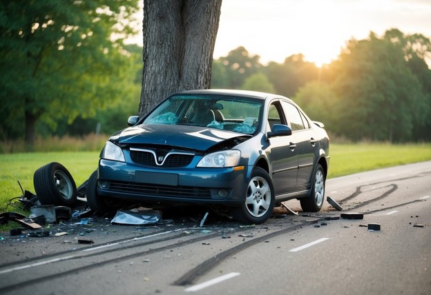 Car sits damaged by a road after after a car crash.