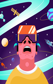 Illustration of a man seeing the universe through a virtual headset.