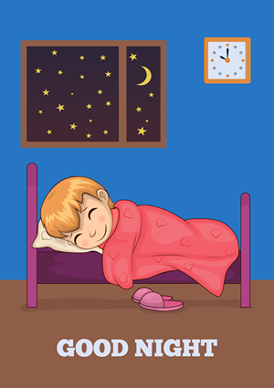 Colorful illustration of child in bed sleeping with the words GOOD NIGHT underneath.