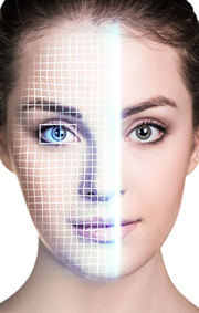 A simulation showing the biometric scan of a young woman's face.