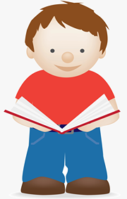 A drawing of a boy standing up and reading a book with a smile.