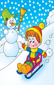 A drawing of boy sledding down a hill.