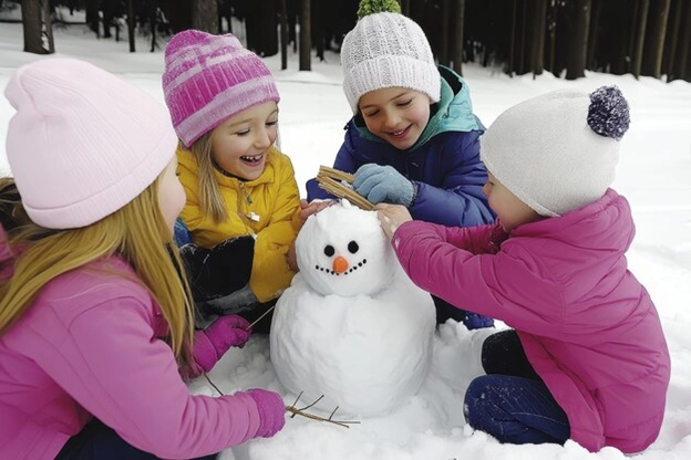 Kids happily building a snowman.