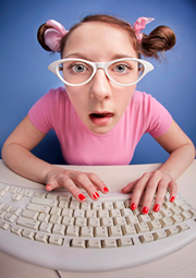 Comical portrayal of teen girl surfing the web on desktop computer.