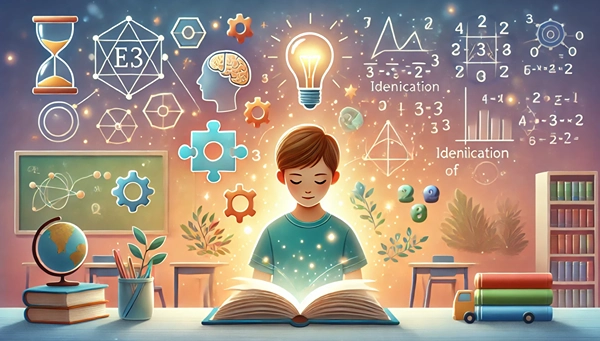 A boy reading book surrounded by educational imagery and lightbulb over his head.