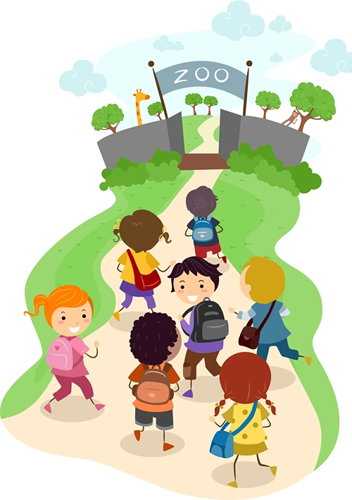 A colorful illustration of kids entering a zoo.