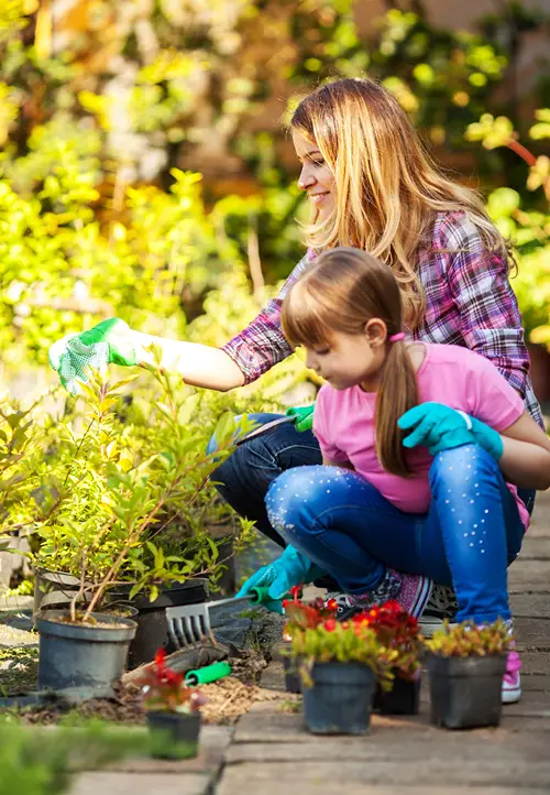 Daughter helping mom plant perennials.